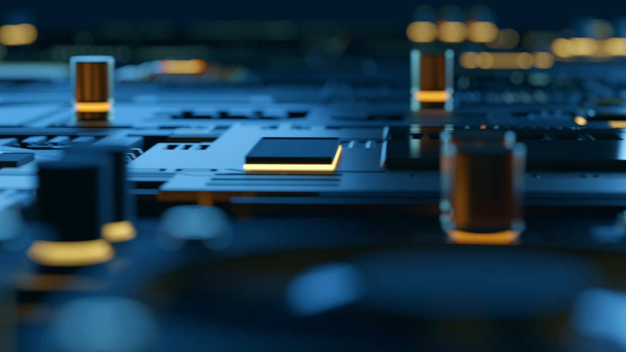 A circuit board with its processor lit in amber